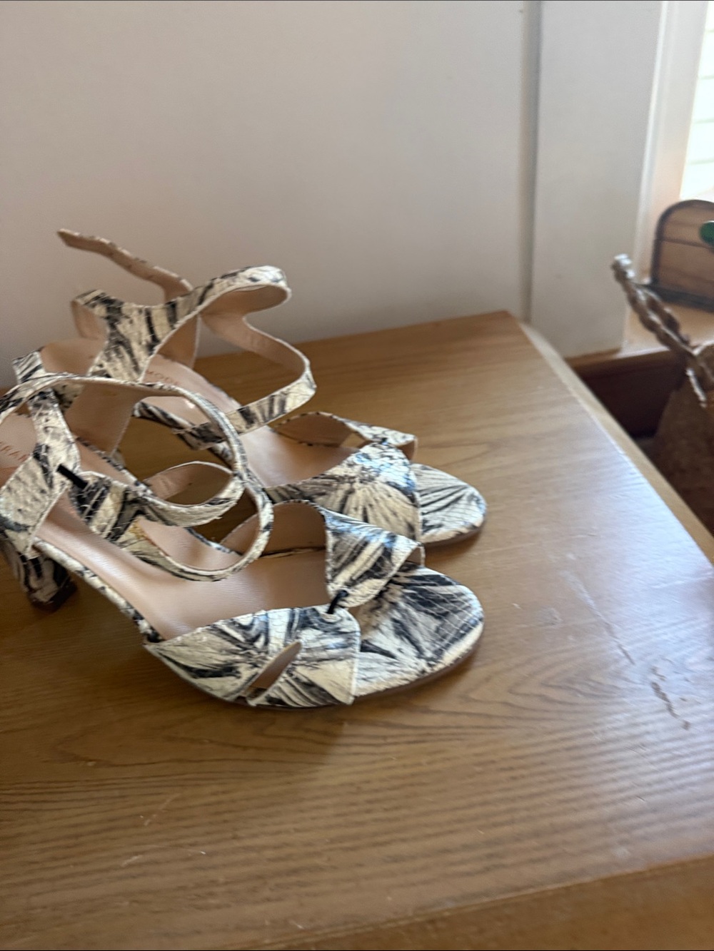 Leaf-Print Strappy Heels in Black & Cream